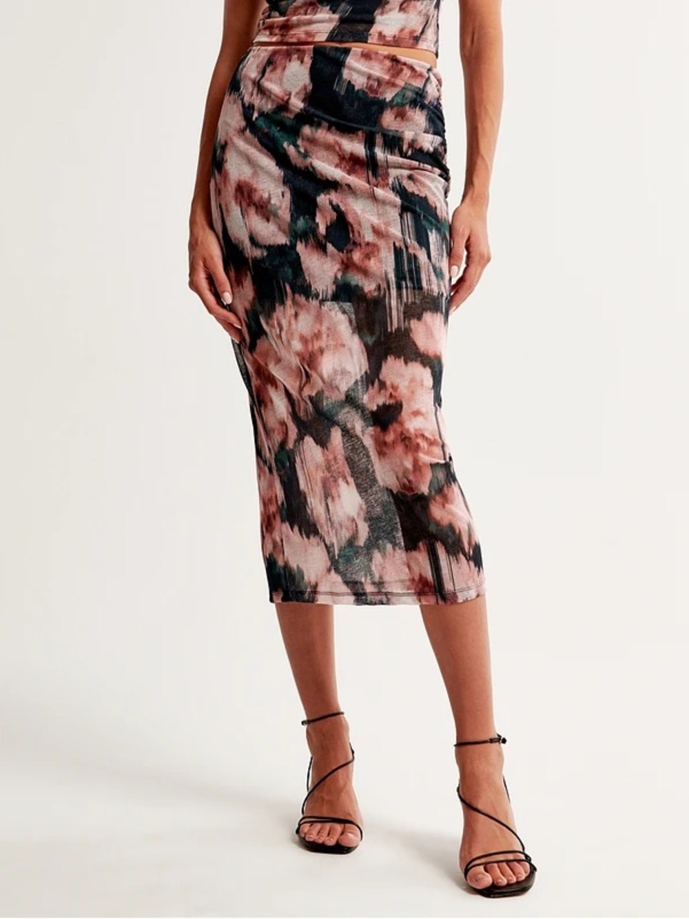 Abercrombie Floral Ruched Midi Skirt Women’s Medium Pink Black Bodycon